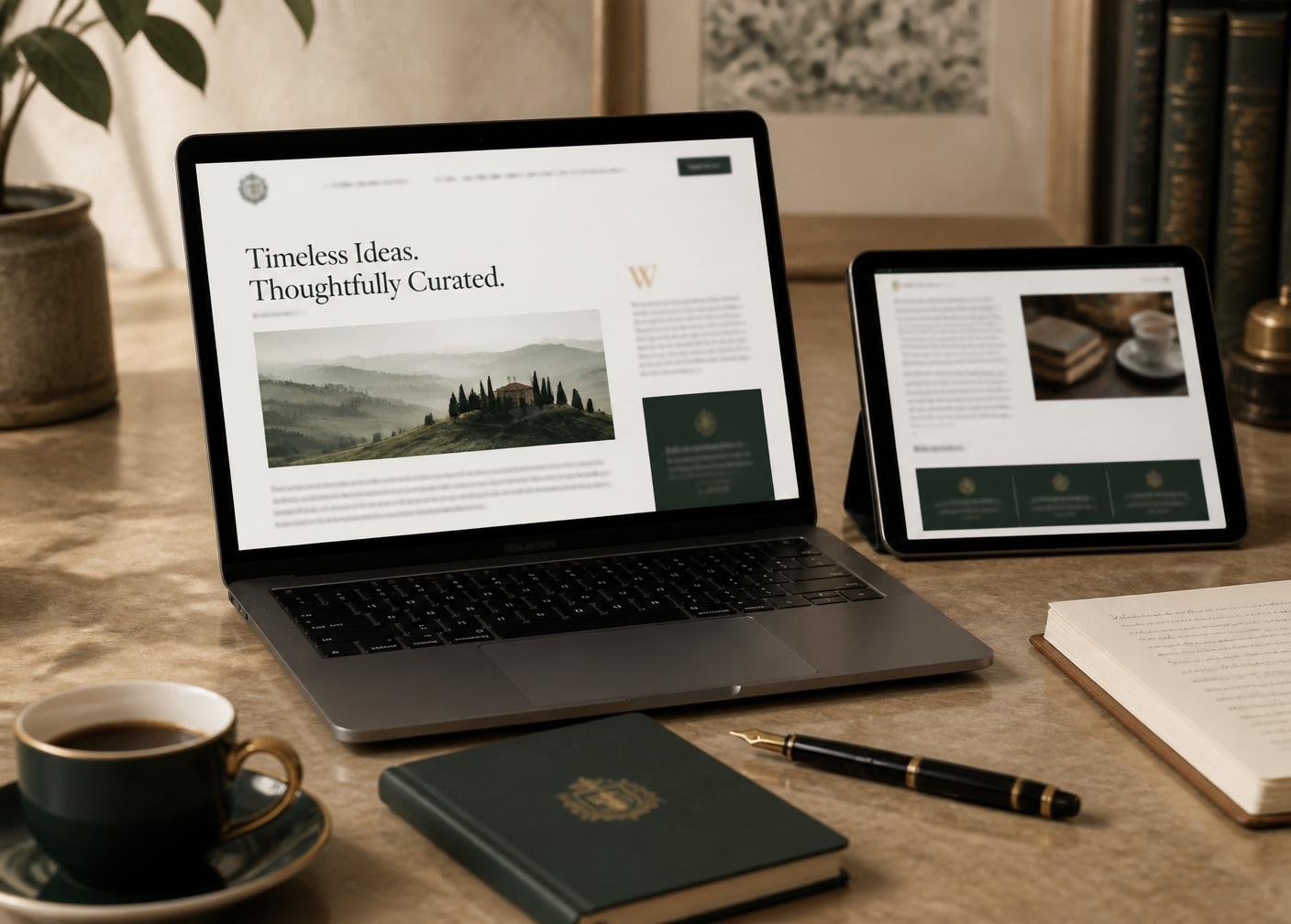 Laptop and tablet showing editorial content layouts