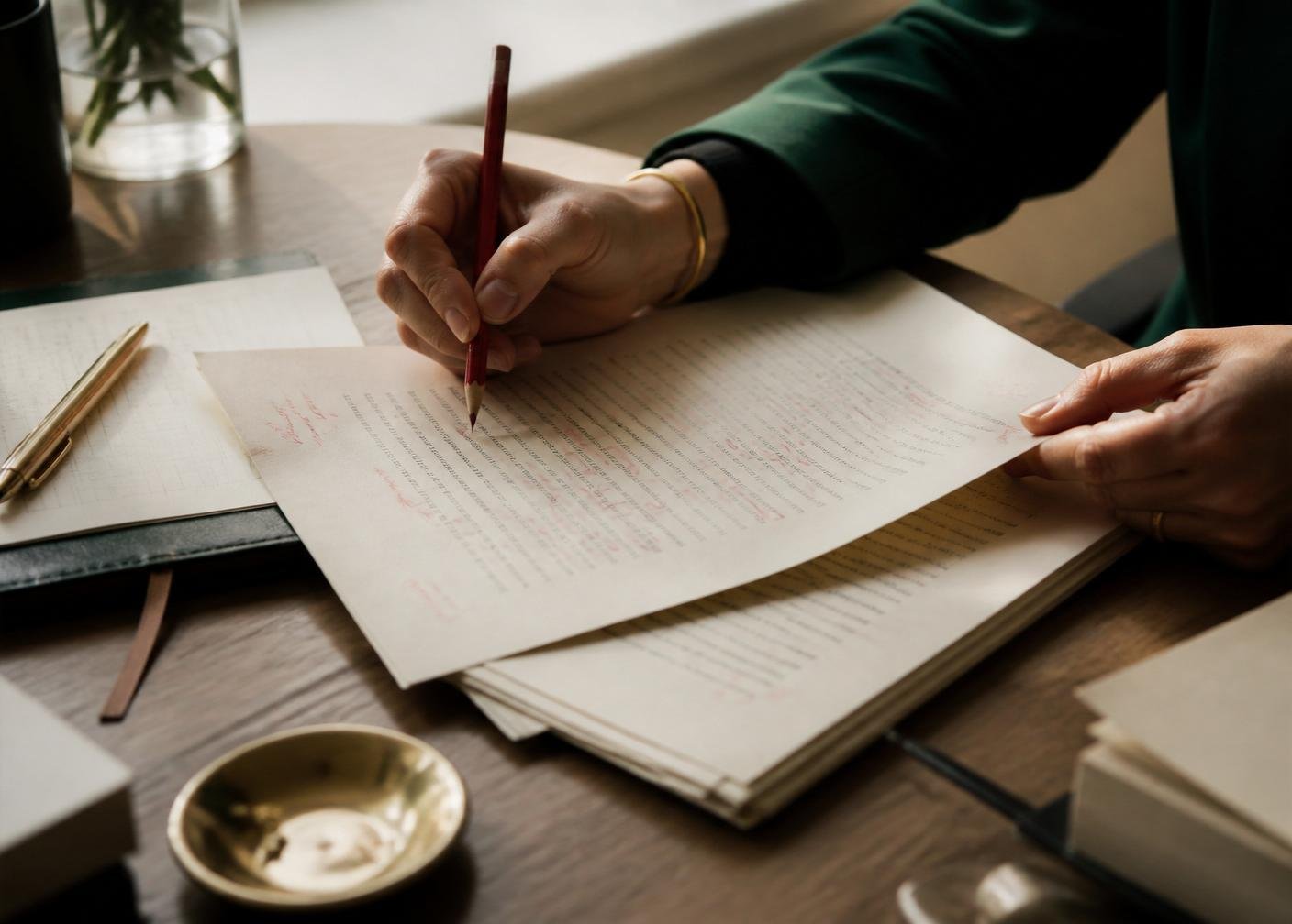 Hands reviewing printed manuscript pages with pencil edits